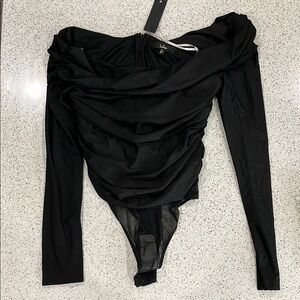 NWT Lulus Elegant Black off the shoulder Long Sleeve Bodysuit